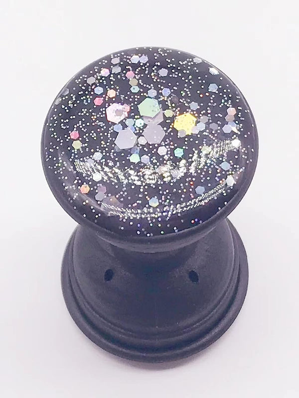 Expanding Phone Socket Mount Holder (Black) - Glitter Sparkle Bling, Collapsible Stand, Finger Foldable Grip for