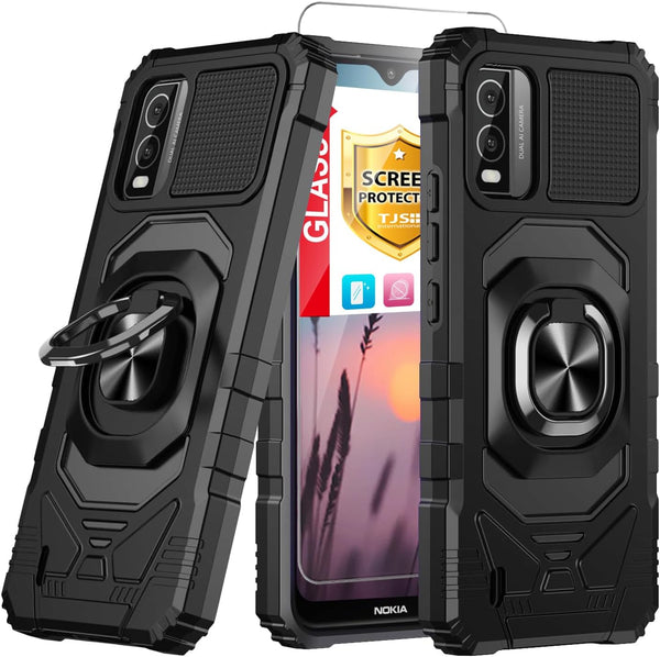 TJS Nokia C210 Case with Tempered Glass Screen Protector, Heavy Duty Drop Protection (Black)