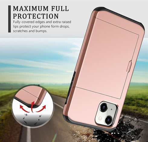 SAMONPOW Rose Gold Case for iPhone 13 with Card Holder, Dual Layer Hybrid Wallet Heavy Duty Protection