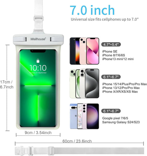 wellhouse Waterproof Phone Pouch, IPX8 Dry Bag for iPhone 15/14/13/12 Pro Max, Samsung, Luminous White, 1 Pack