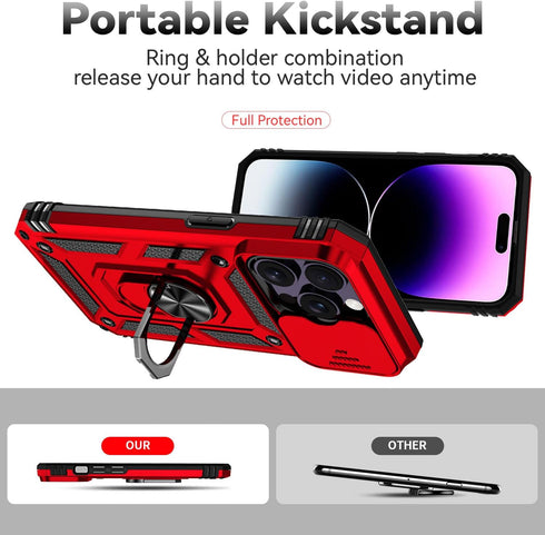 SunStory iPhone 14 Pro Max Case with HD Screen Protector, Slide Camera Cover & Kickstand - Red