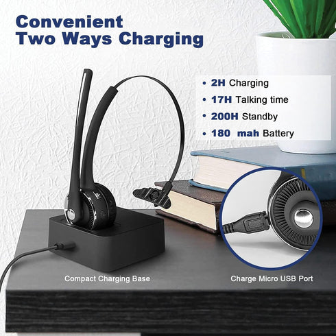 Trucker Bluetooth Headset with Microphone, Noise Cancelling Wireless Headset for Home Office Call Center