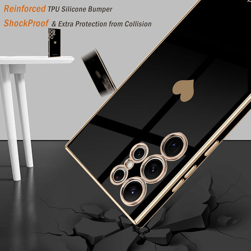 Teageo Black Case for Samsung Galaxy S24 Ultra 5G, Cute Love-Heart Luxury Soft Back Cover with Full Camera Protection