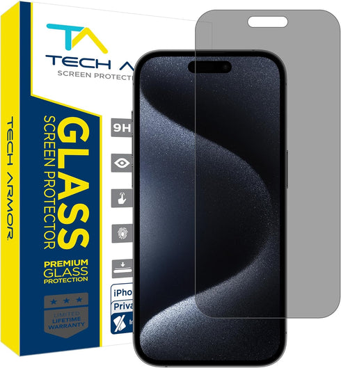 iPhone 15 Pro Max 6.7" Tech Armor Privacy Screen Protector - Ballistic Tempered Glass, Anti-Spy, Case Friendly, Easy