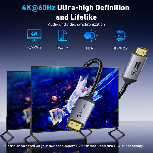 6FT 4K@60Hz/ 2K@120Hz, 1.2 1.4 Reborn DisplayPort to HDMI Cable - Unidirectional Display Port Source to HDMI Screen, DP