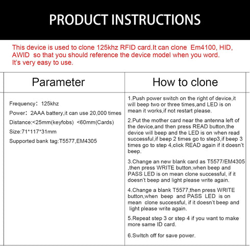 Generic T5577 RFID Handheld id Copier RFID Smart id Card Duplicator Used for id keyfobs and Cards