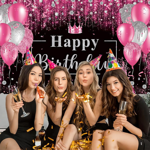 Pink and Black Happy Birthday Backdrop, Glitter Balloon Decorations for Women and Girls Party