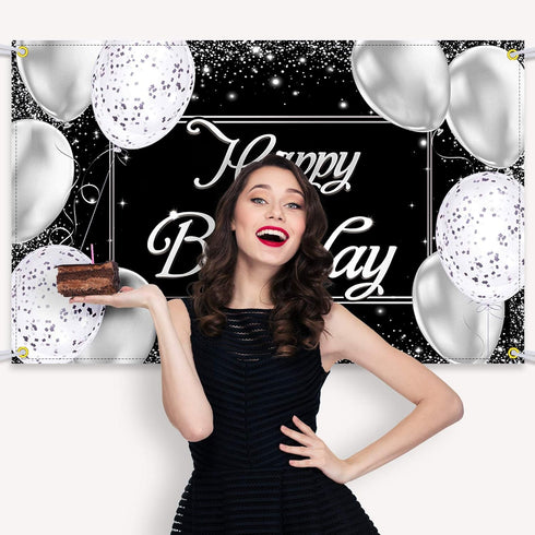 Happy Birthday Backdrop Banner | Black and Silver Photography Background | Large Party Sign Poster for Men and Women