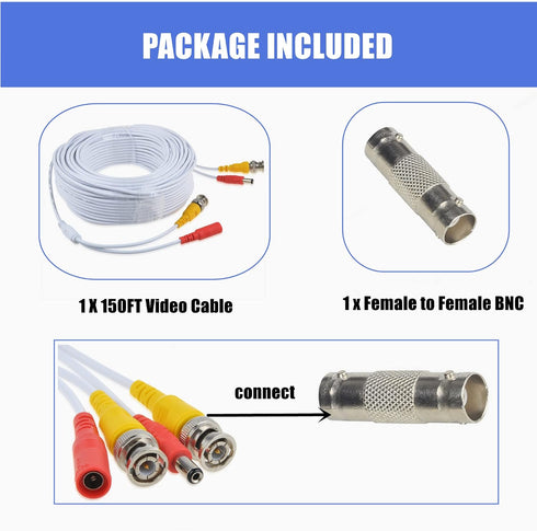 150ft White BNC Video Power Siamese Cable for CCTV Systems