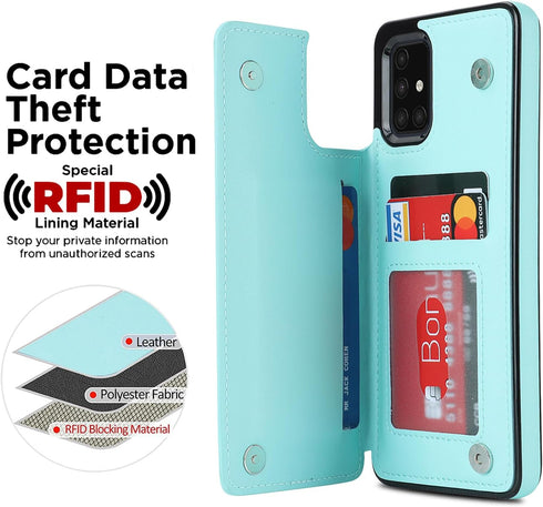 Asuwish Wallet Cover Phone Case for Samsung Galaxy A51 5G, with Tempered Glass Screen Protector, Mint Green