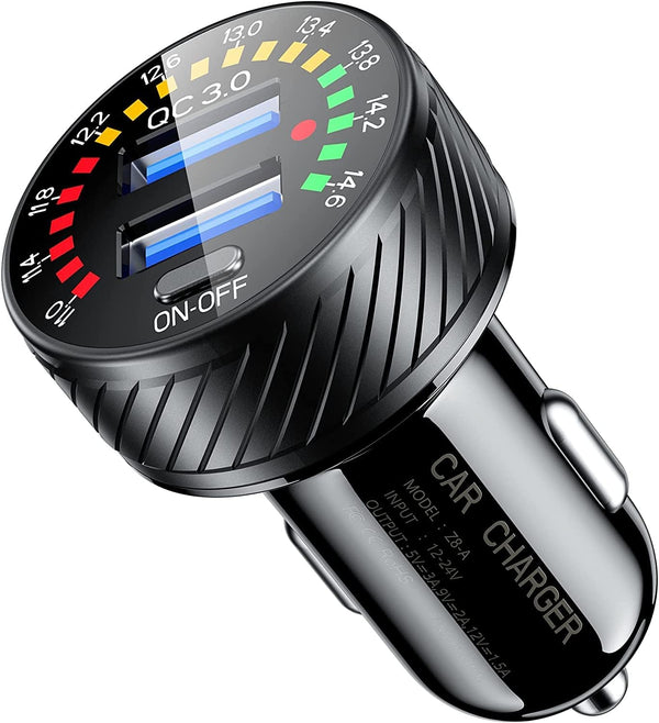 KEWIG 36W Fast Car Charger Adapter, Dual USB Car Charger with Colorful Voltmeter & ON/Off Switch