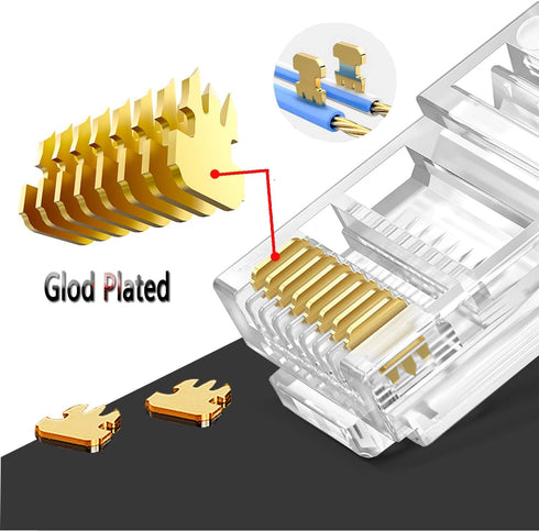 RJ45 Cat6 Cat5e Pass Through Connectors 100 Packs Gold Plated 3 Prong 8P8C Modular Ethernet UTP Network Cable Plug for Unshielded Twisted Pair Solid Wire & Standard Cables by PETECHTOOL