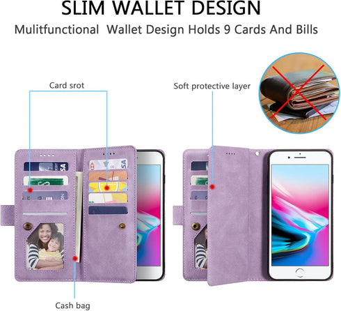 UEEBAI Wallet Case for iPhone 6 Plus & 6S Plus, Retro 9 Card Holder Slots with Zipper Pocket, Shockproof (Glitter