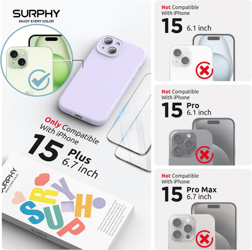 SURPHY Designed for iPhone 15 Plus Case Compatible with MagSafe (6.7 inch 2023), with 2 Pack Screen Protector, Liquid Silicone Phone Case (Camera Protective + Soft Microfiber Lining), Lilac