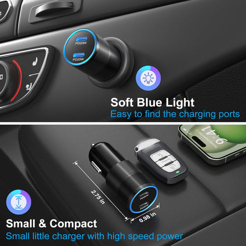 Bangfun 40W USB C Car Charger, 2 Pack Dual 12V USB C Port Car Charger Cigarette Lighter Adapter PD 3.0 Fast Charge Type