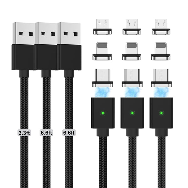 3 in 1 Magnetic Charging Cable (3 Pack: 3.3/6.6/6.6ft) - Fast 3A Charger for Lightning/USB-C/Micro-USB Devices - Black