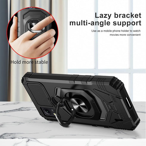 TJS Heavy Duty Phone Case for Cricket Icon 5 & AT&T Motivate 4, with Tempered Glass & Magnetic Kickstand (Black)