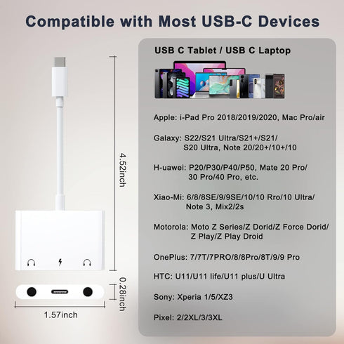 iPad Headphone Adapter, Headphone Splitter for 2 Headphones, 3 in 1 USB C to 3.5mm Jack Audio Adapter with Charging