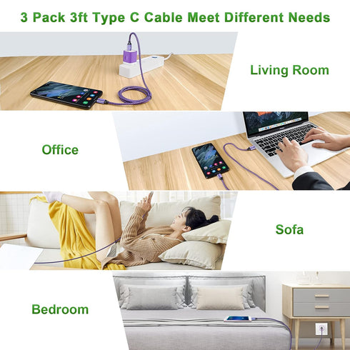 USB C Charger Cable Fast Charging Cord 3PC for Samsung Galaxy A15 5G/A35/S24