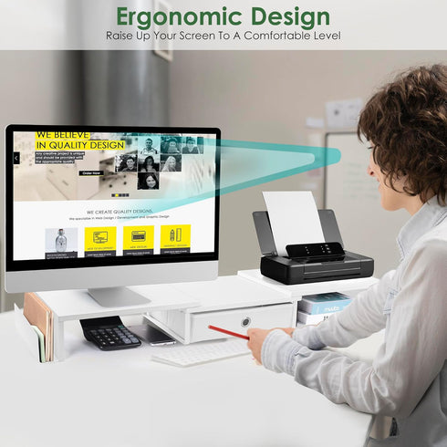 Dual Monitor Stand Riser with Drawer & Metal Leg, Large White Computer Monitor Riser with Storage for 2 Monitors