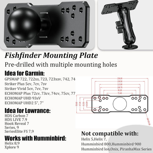 LOKTENWO 1.5" 5.7" Humminbird, Aluminum Alloy Fish Finder Mount Base with C Size Ball Rectangle Plate & Medium Arm