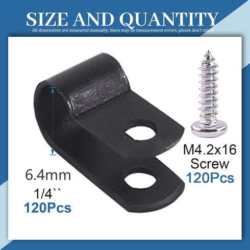Glarks 120Pcs 1/4 Inch Black Nylon Screw Mounting R-Type Cable Clip - Wire Clamp with 120Pcs Screws