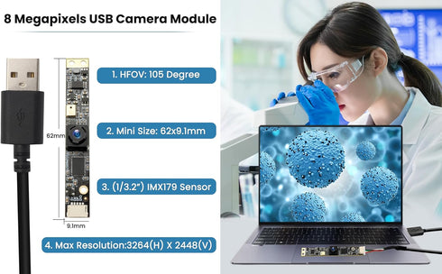 IFWATER 8MP 30fps 105 2448P 3D USB Camera Camera Module with Microphone Degree Wide Angle Lens Lightburn PC Computer