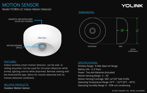 YoLink LoRa Smart Motion Detector, Indoor Motion Sensor, Wireless Range 1/4 Mile, Alexa, IFTTT, Hub Required