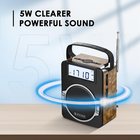 Radio Portable AM FM Digital Clock Radio with Bluetooth, 5 Watts Loud Speaker, Rechargeable, Best Reception for Home
