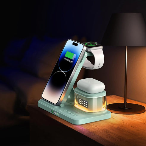 5 in 1 Foldable Wireless Fast Charger with Night Light Transparent Clock for Apple Devices, iPhone 15/14/13/12/11 Pro