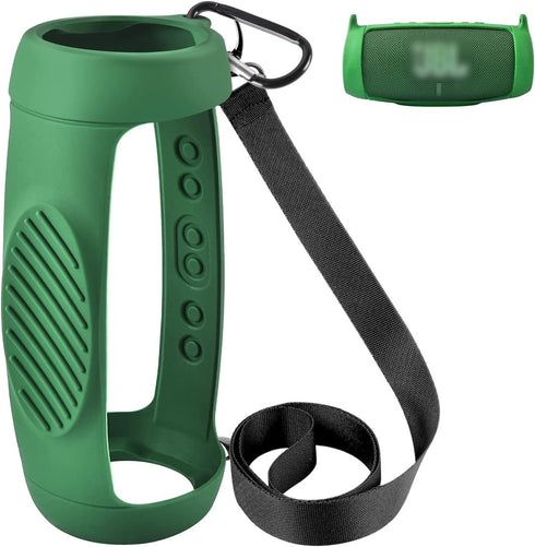 Silicone Case Cover for JBL Charge 5 Waterproof Portable Bluetooth Speaker, Green, with Shoulder Strap and Carabiner