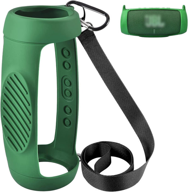 Silicone Case Cover for JBL Charge 5 Waterproof Portable Bluetooth Speaker, Green, with Shoulder Strap and Carabiner