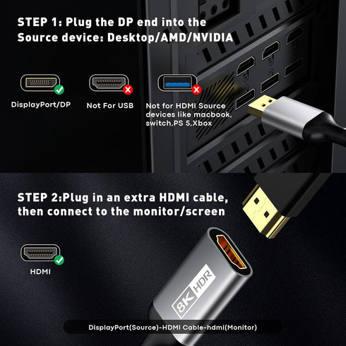 UANTIN 8K 1.4 2.1 4K 120Hz/ 8K 60Hz, PS5/Xbox, DisplayPort to HDMI Adapter with Unidirectional DP to HDMI Cable