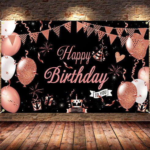 KOKAR Happy Birthday Decorations Banner, Large Black and Rose Gold Sign for Girls Women Birthday Party