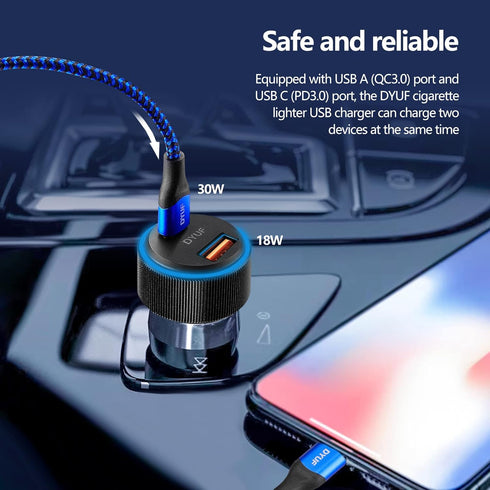 USB C Car Charger 48W, Fast Car Charger Adapter with 60W Type C Fast Charging Cable, Dual USB Port PD30W & QC3.0 18W