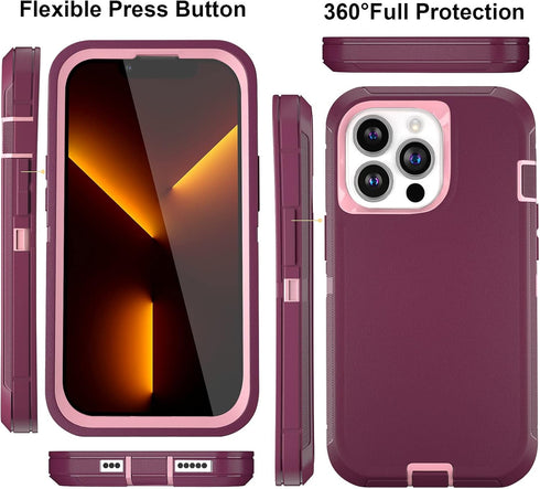 Case for iPhone 13 Pro Max Case 6.7" with 2 Screen Protector, Full Body Heavy Duty Military Grade Cover, Shockproof/Drop Proof Protection Phone Case (Wine Red Pink)