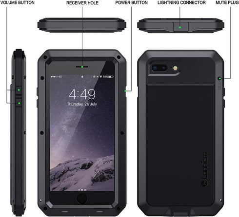 Lanhiem Heavy Duty Shockproof iPhone 7 Plus / 8 Plus Case, Tough Armour Metal Case, Black