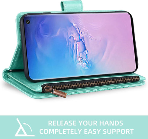 Asuwish Green Wallet Case for Samsung Galaxy S10, with Tempered Glass Screen Protector, Flower Flip Card Holder Cell