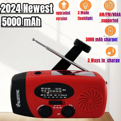 5000mAh Hand Crank Emergency Weather Radio, AM FM NOAA Solar Radio with Led Flashlight and Earphone Jack, Power Bank Charger for Smartphone, Self Powered LED Flashlight with SOS Alarm