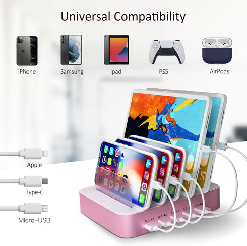 USB Charging Station Dock, 5 Port with 7 Short Mixed Cables, Designed for iPhone, iPad, Cell Phones, Light Pink