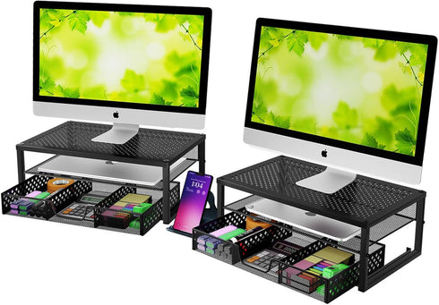 Simple Trending 2 Pack-2 Tier Metal Monitor Riser Stand - Computer Desk Organizer with Drawer, Black
