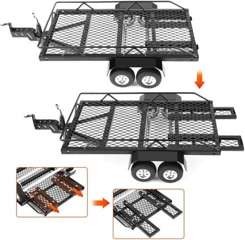 1/24 TRX4M SCX24 FCX24 1/18 1/24 GLOBACT RC Trailer with Hook Hitch Metal Flatbed Trailer for Axial FMS RC Crawler