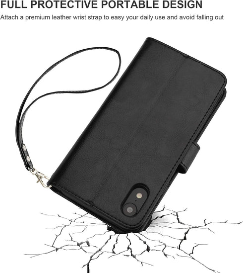 Bocasal iPhone Xr Wallet Case, PU Leather Magnetic Detachable Kickstand, Shockproof, Black