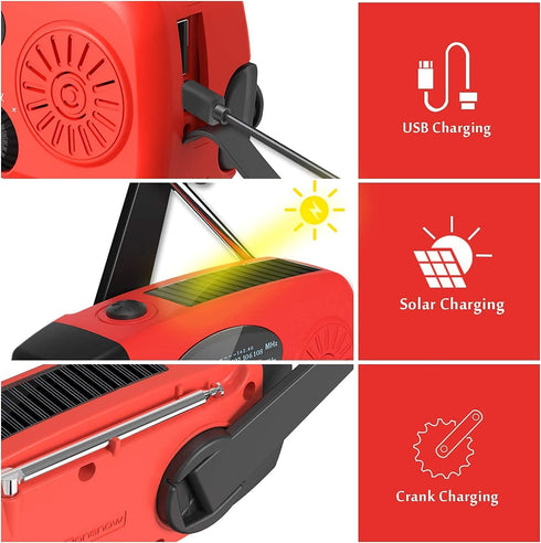 Solar Emergency Hand Crank Weather Radio, Portable NOAA AM/FM Radios with SOS Alarm, Red
