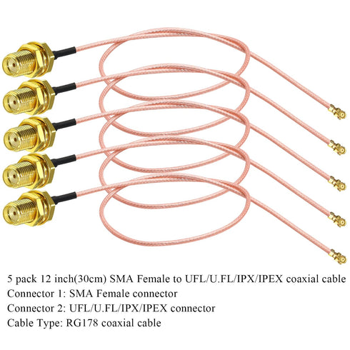 5PCS RG178 12 inch(30cm) MHF1 TUOLNK SMA Female to IPX U.FL Coaxial Cable, SMA UFL Low Loss Jumper Extension Cable