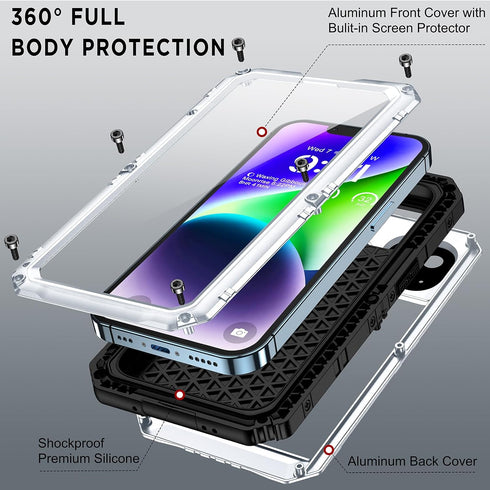 Beasyjoy Waterproof iPhone 14 Case - Metal Heavy Duty Full Body Protective Case with Built-in Screen Protector, Silver