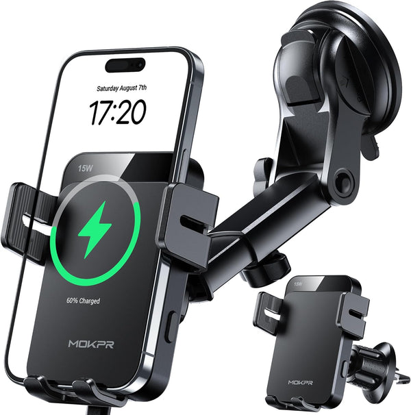 MOKPR Wireless Car Charger, 15W Auto Clamping Car Charger Dash Windshield Air Vent