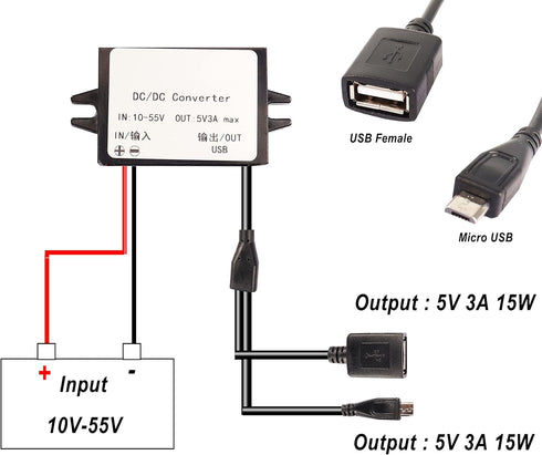 XMSJSIY 10-55V 5V 3A 15W to USB/Micro USB DC to DC Regulator Car Power Converter