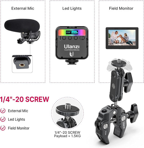 ULANZI 360 1/4"-20 3/8"-16 ST-07 Super Clamp Camera Clamp Mount Monitor Ballhead Magic Arm Double Ball Head Adapter