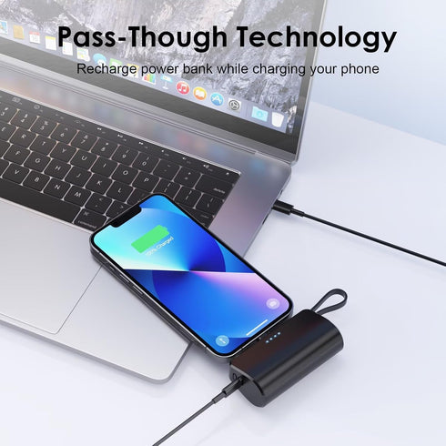 Pxwaxpy 5200mAh 20W Pack 16/15/14/13/12, Mini Portable Charger for iPhone with Built-in Type-C Cable, Ultra-Compact